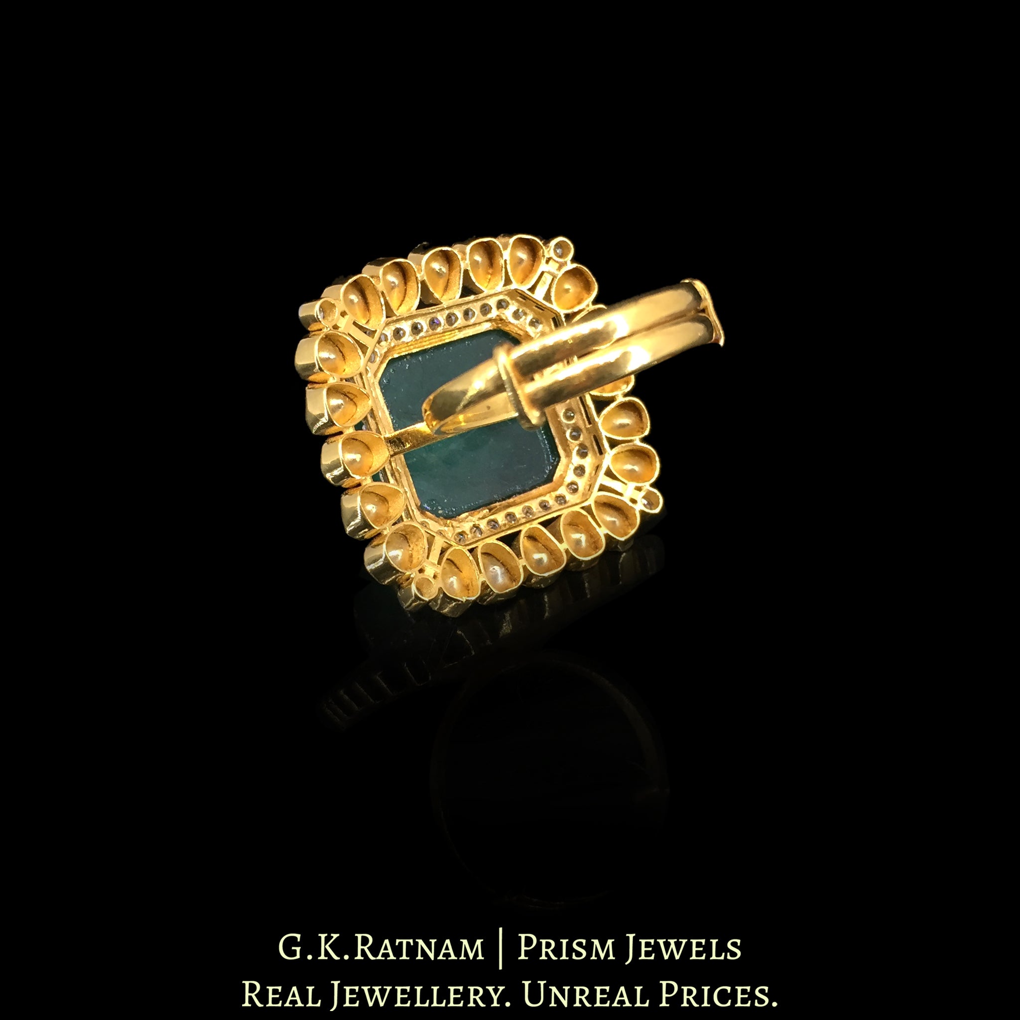 14k Gold and Diamond Polki Open Setting Ring with hand-carved Green Beryl