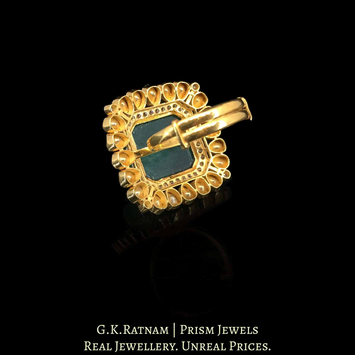 14k Gold and Diamond Polki Open Setting Ring with hand-carved Green Beryl
