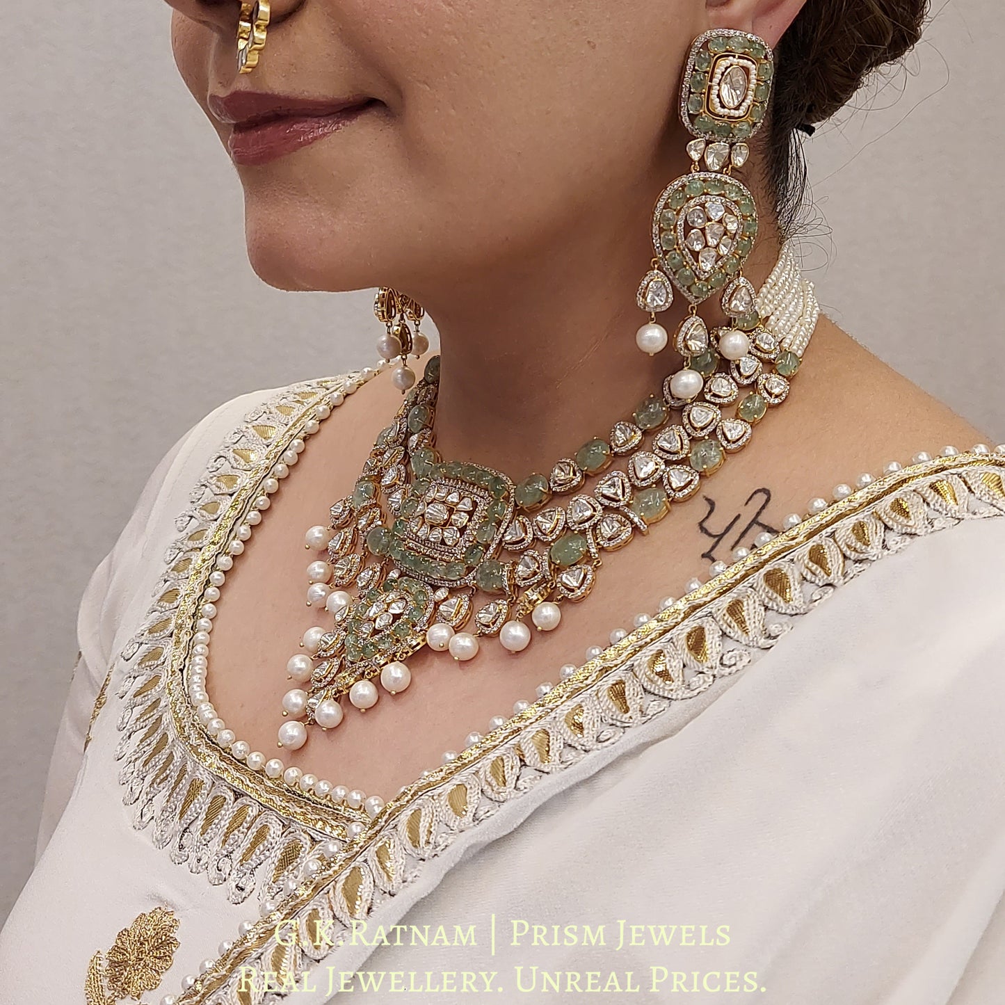 18k Gold and Diamond Polki Open Setting Necklace Set with emerald-grade cabochons
