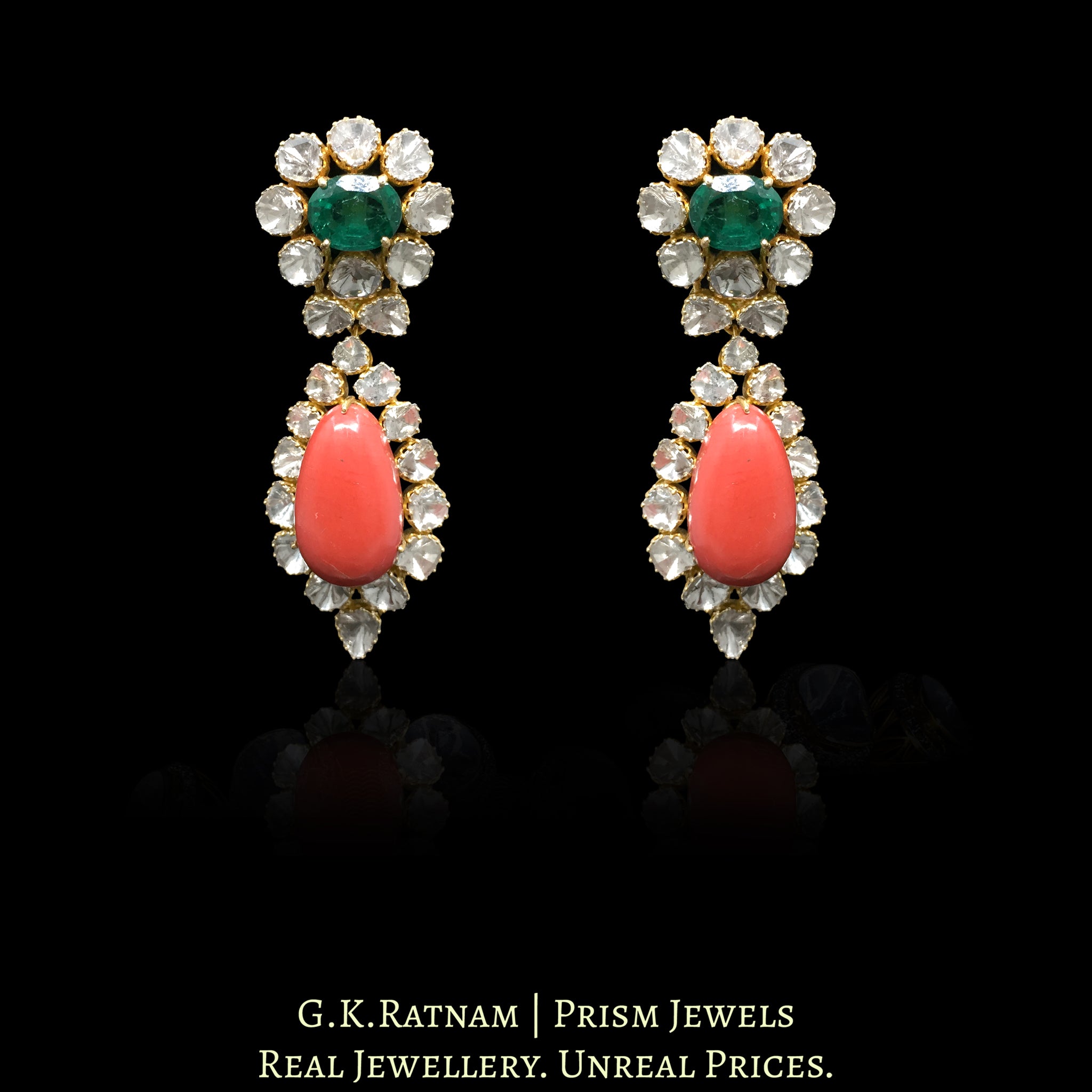 18k Gold and Diamond Polki Open Setting Long Earring Pair with Corals and lab-grown Emeralds