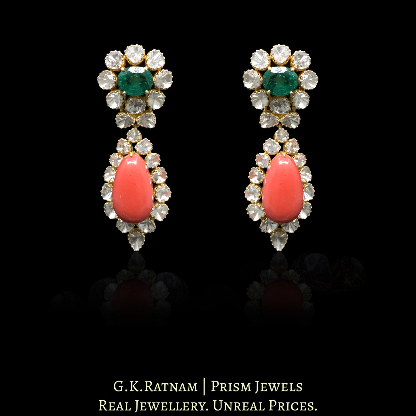 18k Gold and Diamond Polki Open Setting Long Earring Pair with Corals and lab-grown Emeralds