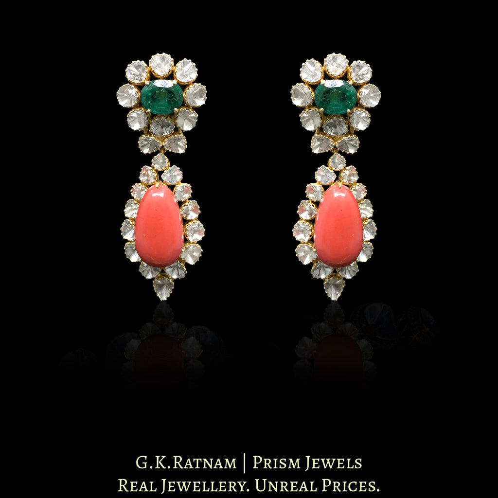 18k Gold and Diamond Polki Open Setting Long Earring Pair with Corals and lab-grown Emeralds