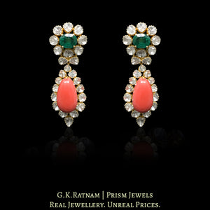 18k Gold and Diamond Polki Open Setting Long Earring Pair with Corals and lab-grown Emeralds