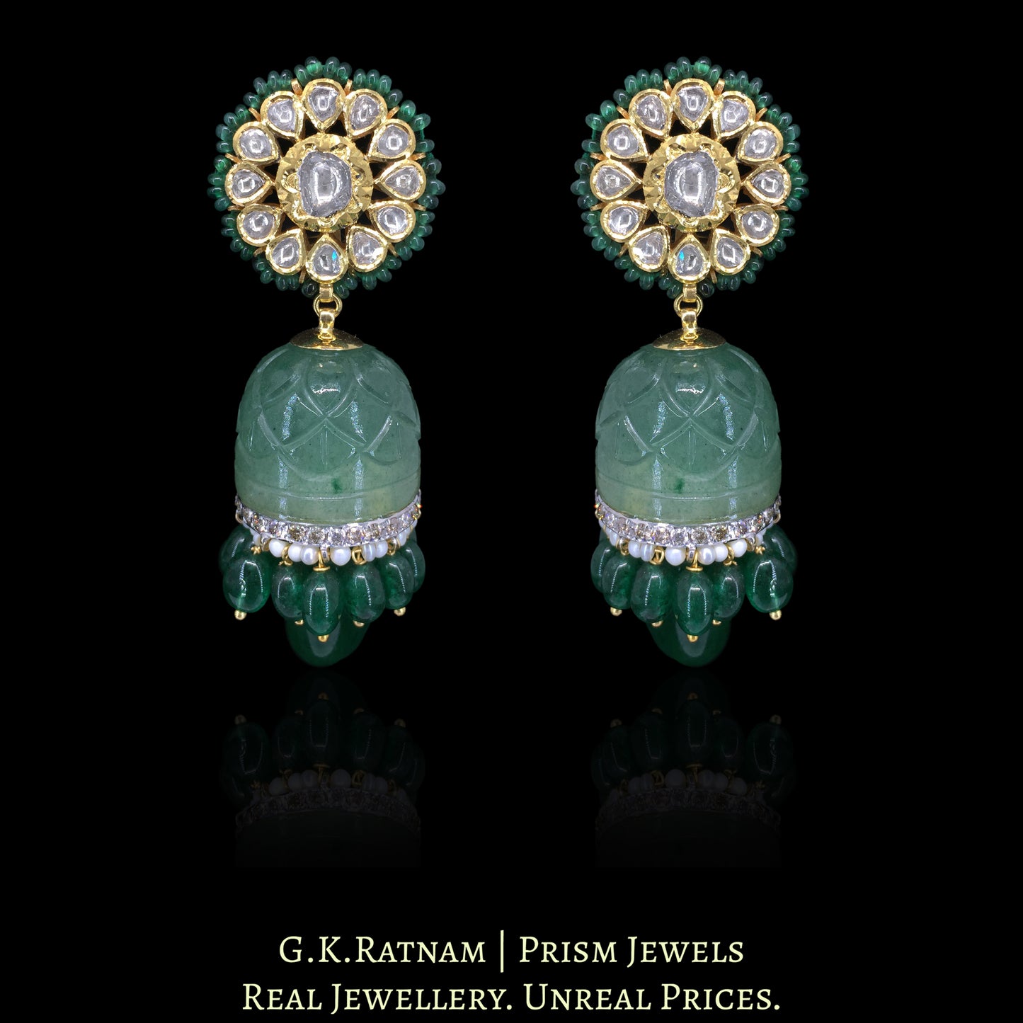 18k Gold and Diamond Polki Strawberry Quartz Jhumki Earring Pair - G. K. Ratnam