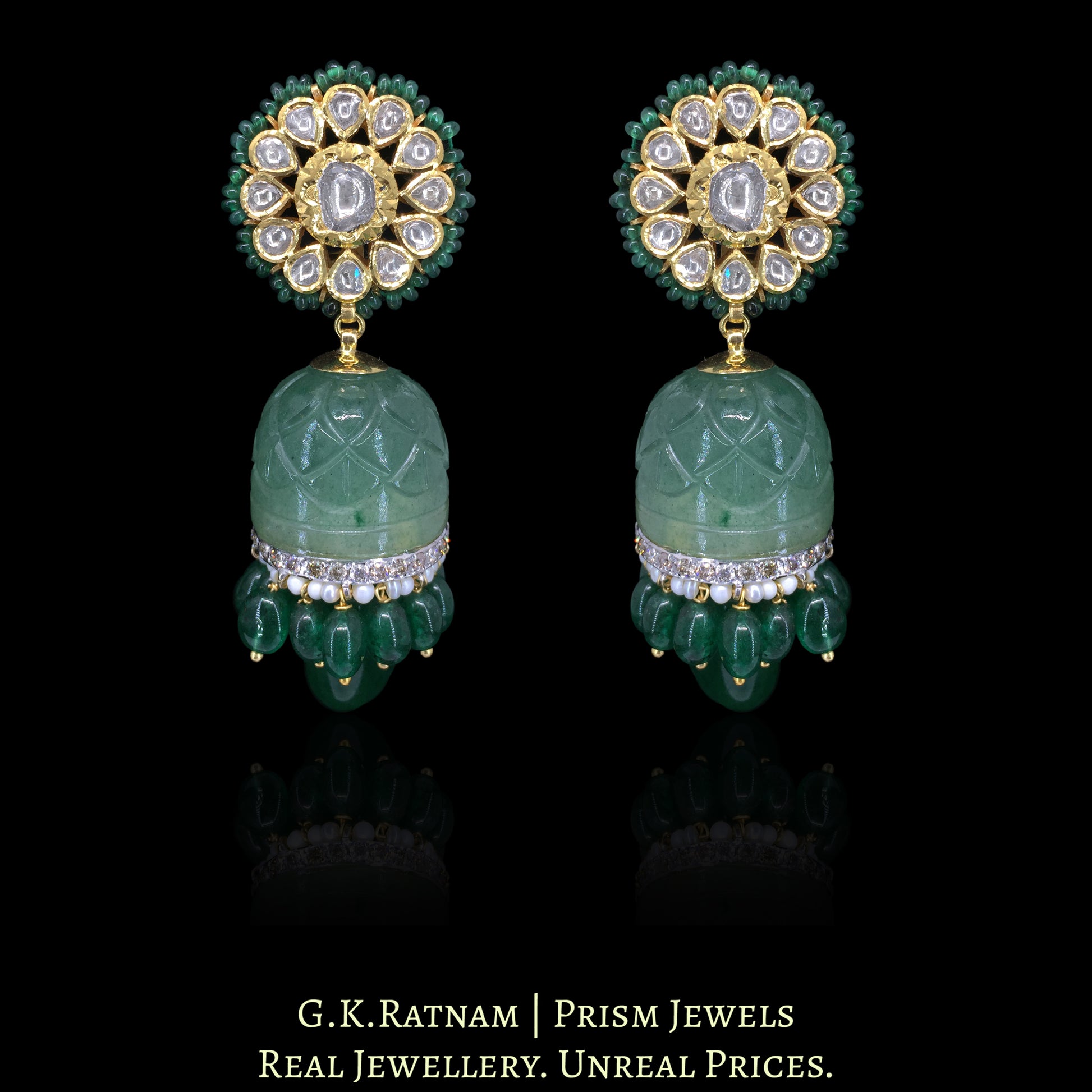 18k Gold and Diamond Polki Strawberry Quartz Jhumki Earring Pair - G. K. Ratnam
