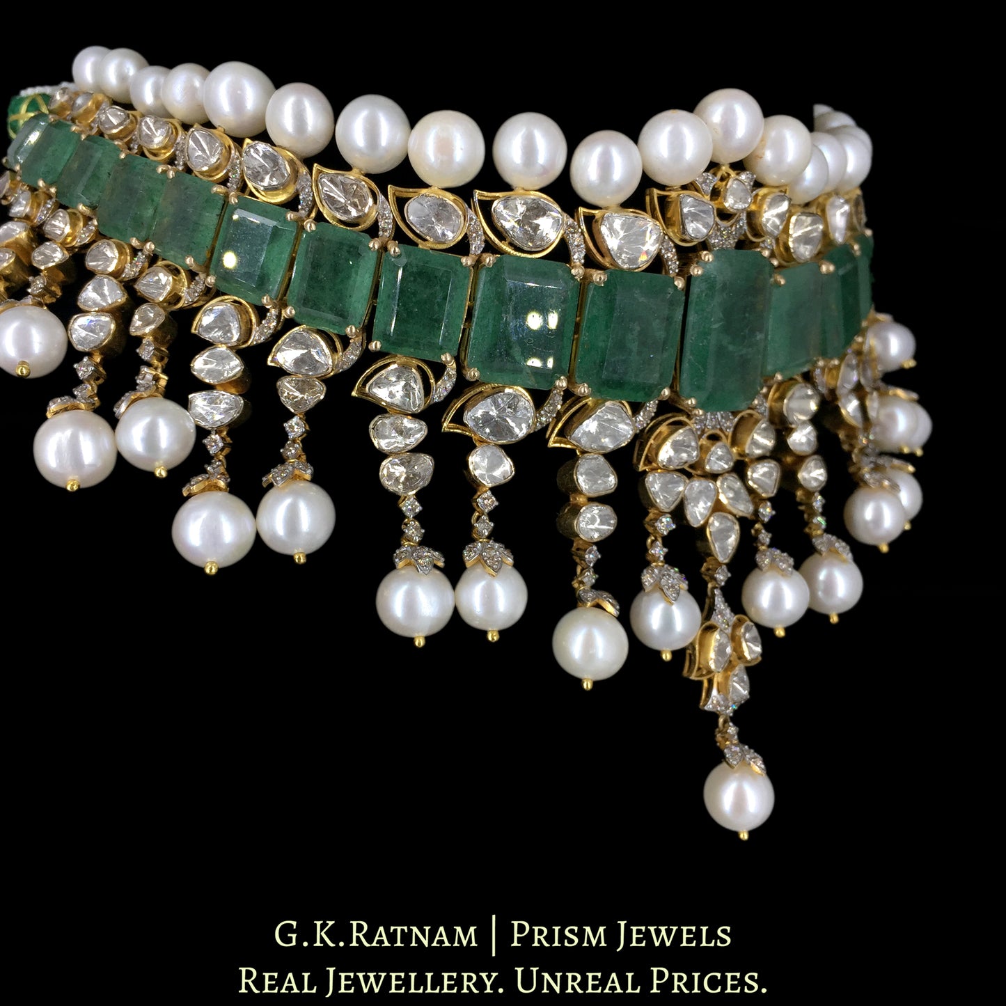 14k Gold and Diamond Polki Open Setting Necklace Set with emerald-green Strawberry Quartz