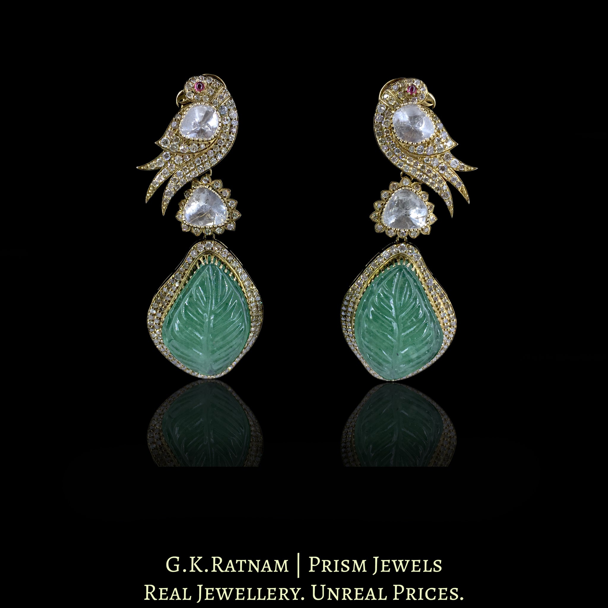 14K Gold and Diamond Polki Open Setting victorian-finish Long Earring Pair with emerald-grade carved Strawberry Quartz