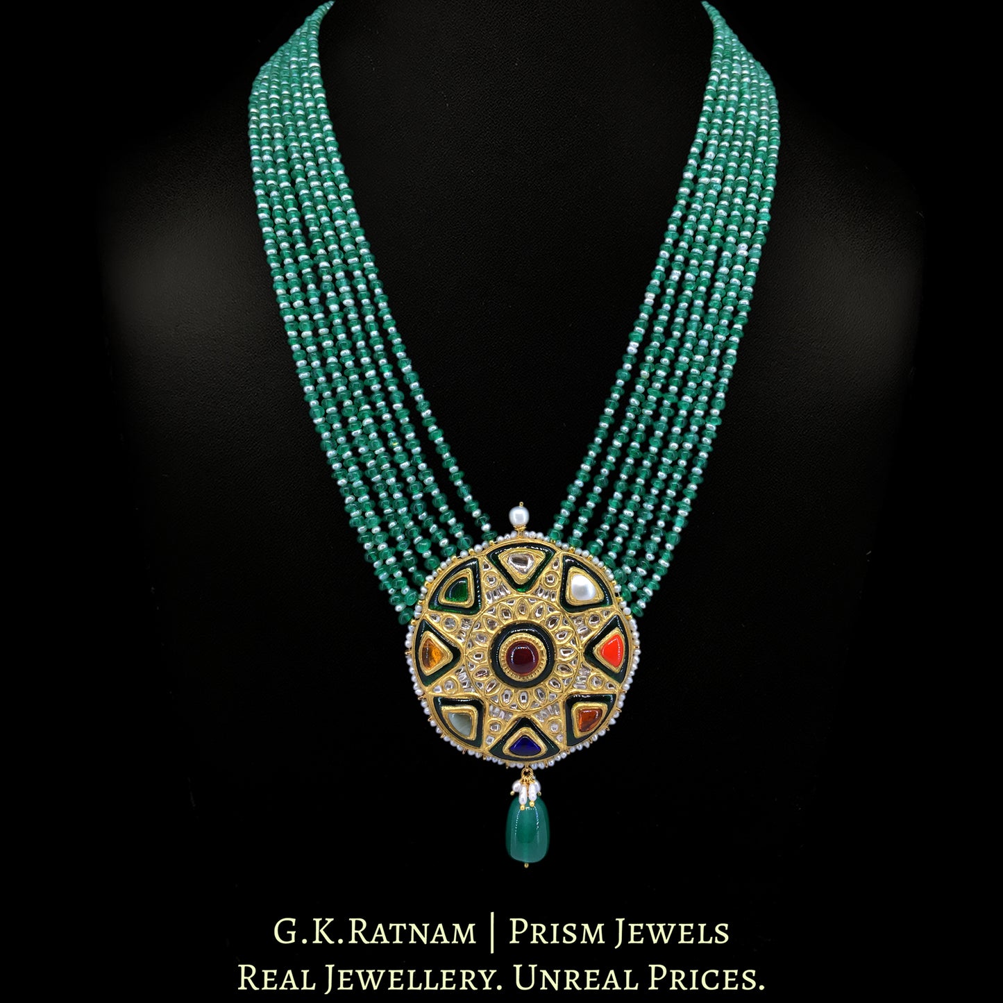 23k Gold and Diamond Polki Navratna Pendant Set with Green Strawberry Quartz