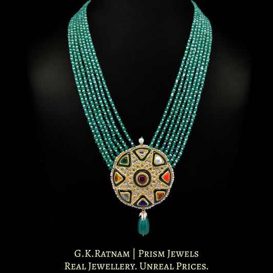 23k Gold and Diamond Polki Navratna Pendant Set with Green Strawberry Quartz