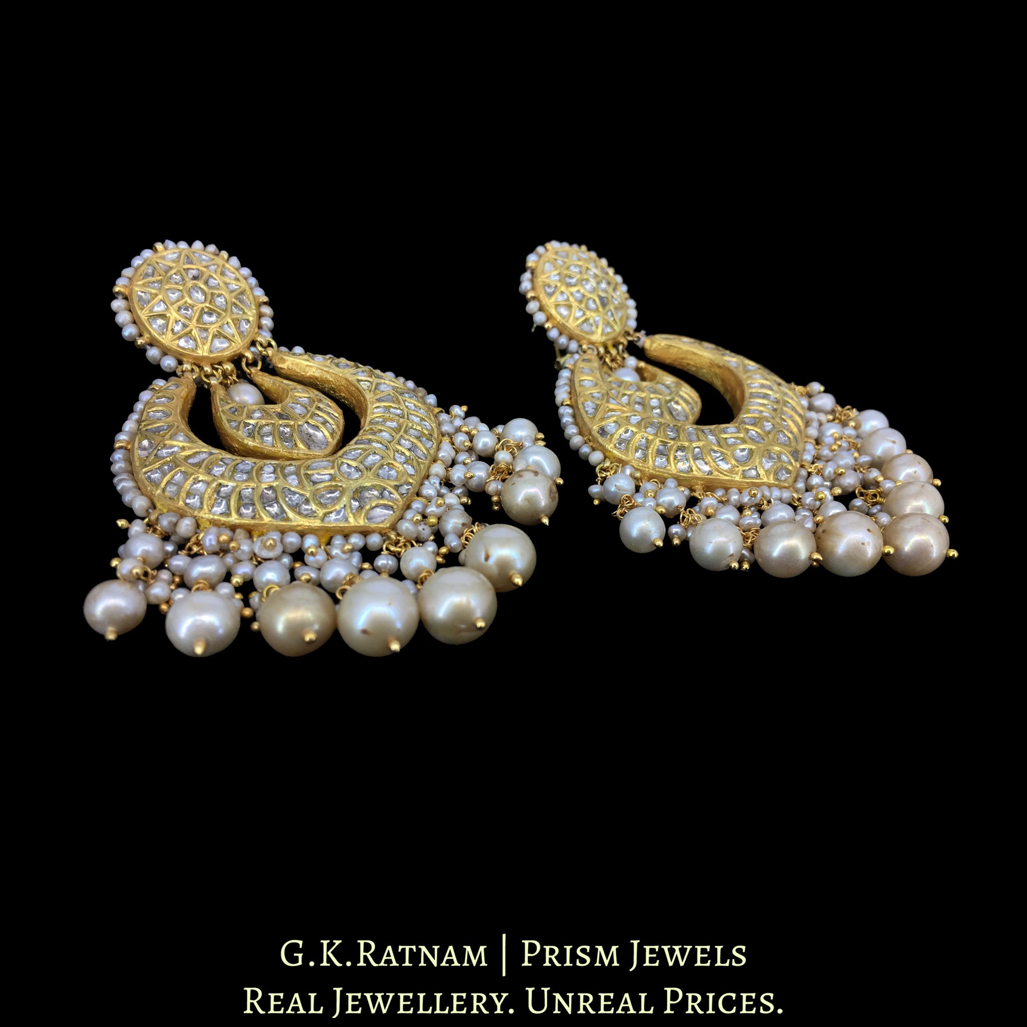 23k Gold and Diamond Polki Chand Bali Earring Pair strung with Antiqued Freshwater Pearls