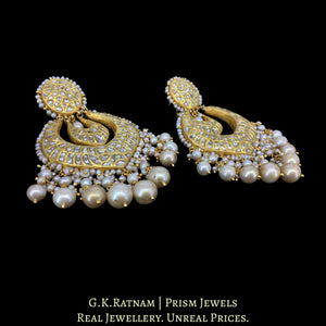23k Gold and Diamond Polki Chand Bali Earring Pair strung with Antiqued Freshwater Pearls