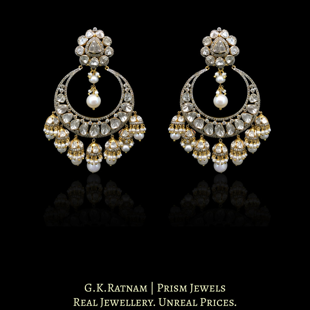 14k Gold and Diamond Polki Open Setting Chand Bali Earring Pair with Jhumkis