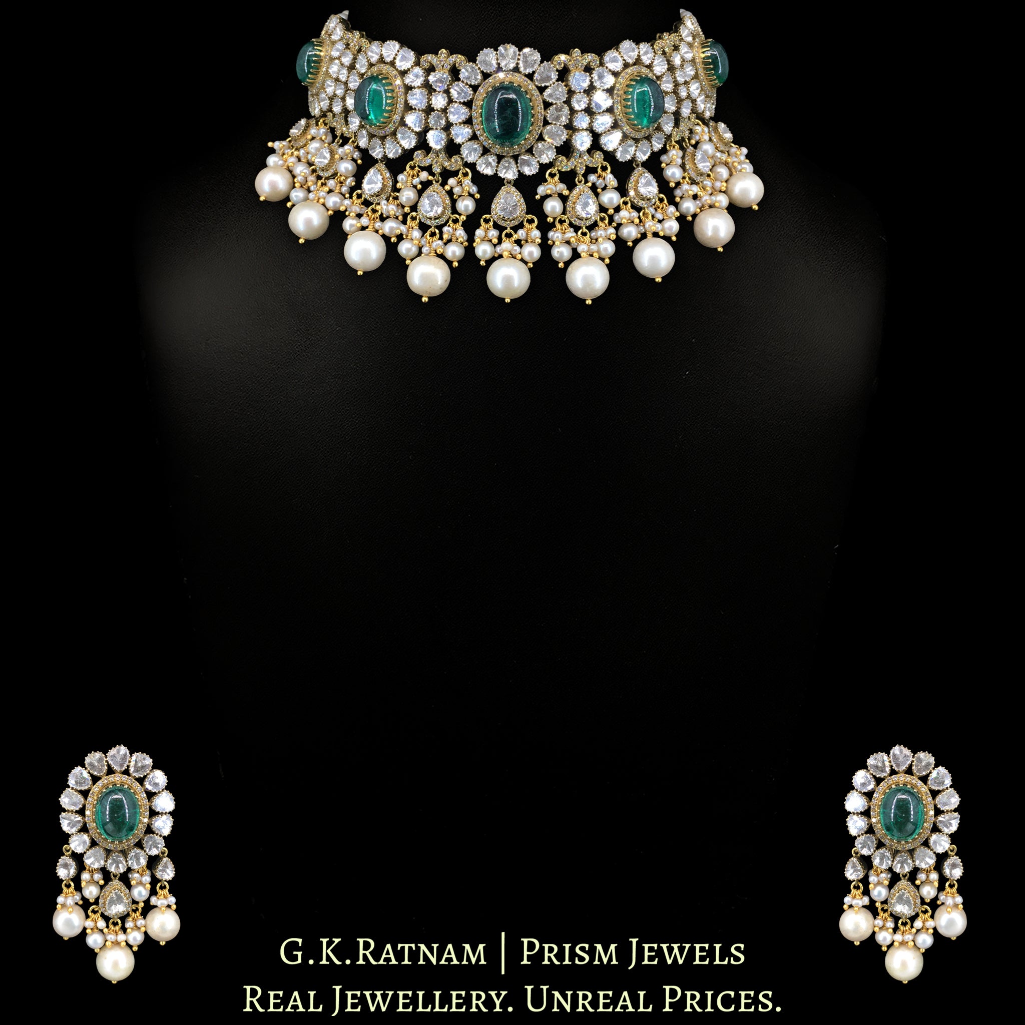 14k Gold and Diamond Polki Open Setting Necklace Set with Lab Grown Emeralds