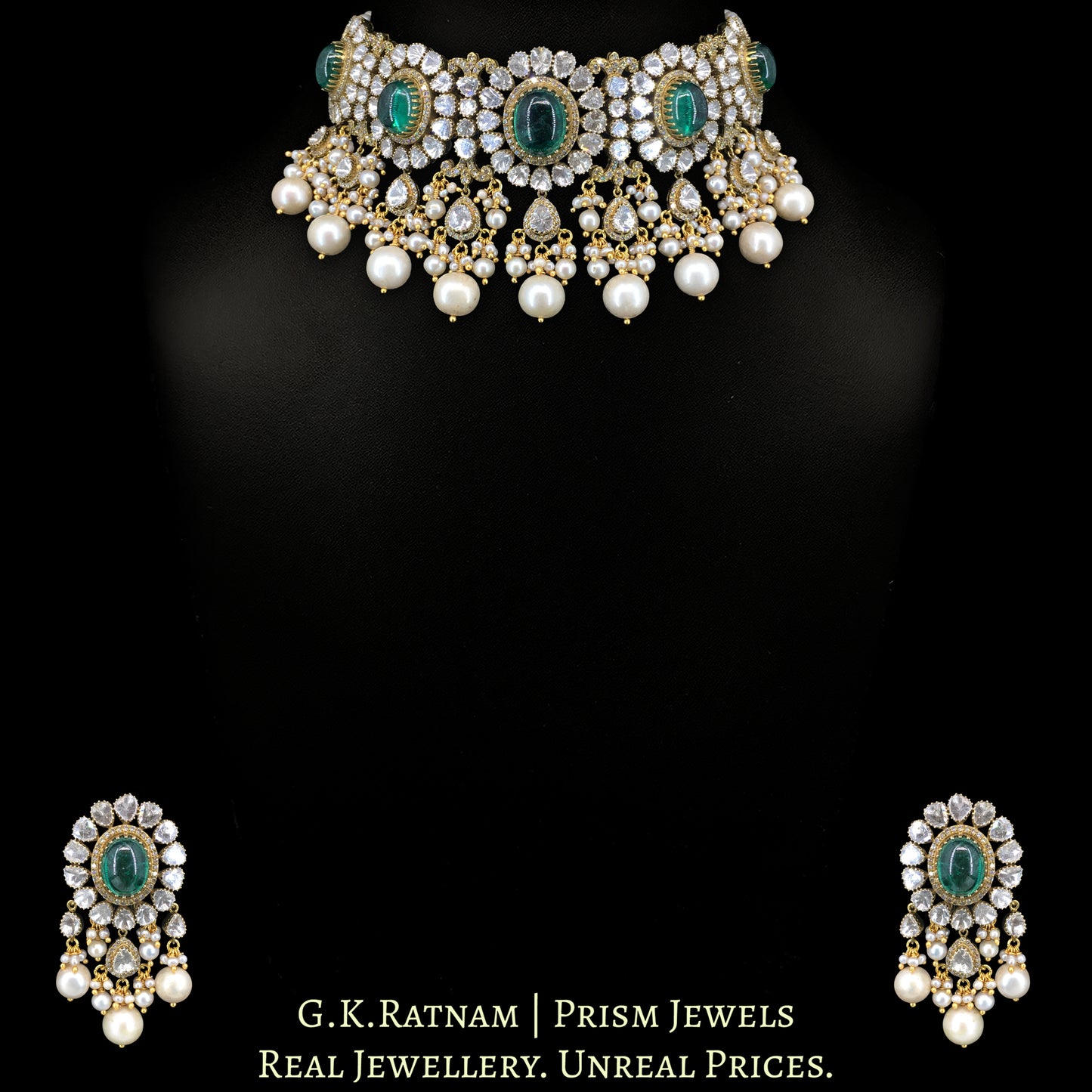 14k Gold and Diamond Polki Open Setting Necklace Set with Lab Grown Emeralds - G. K. Ratnam
