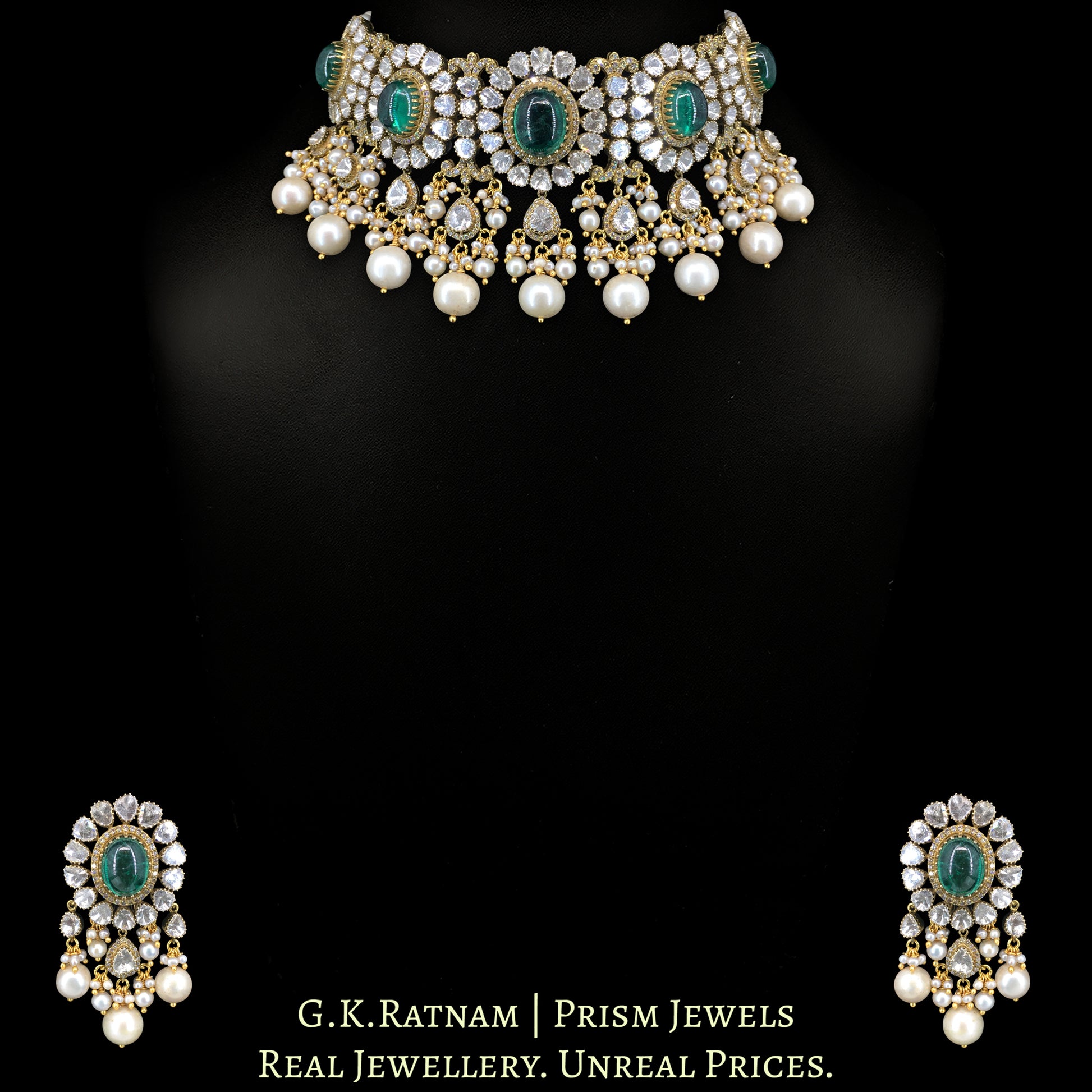 14k Gold and Diamond Polki Open Setting Necklace Set with Lab Grown Emeralds - G. K. Ratnam