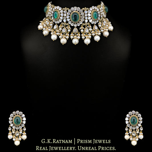 14k Gold and Diamond Polki Open Setting Necklace Set with Lab Grown Emeralds - G. K. Ratnam