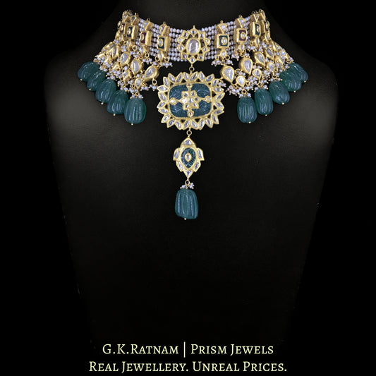 23k Gold and Diamond Polki Choker Necklace Set with Antiqued Pearls and hand-carved Melons