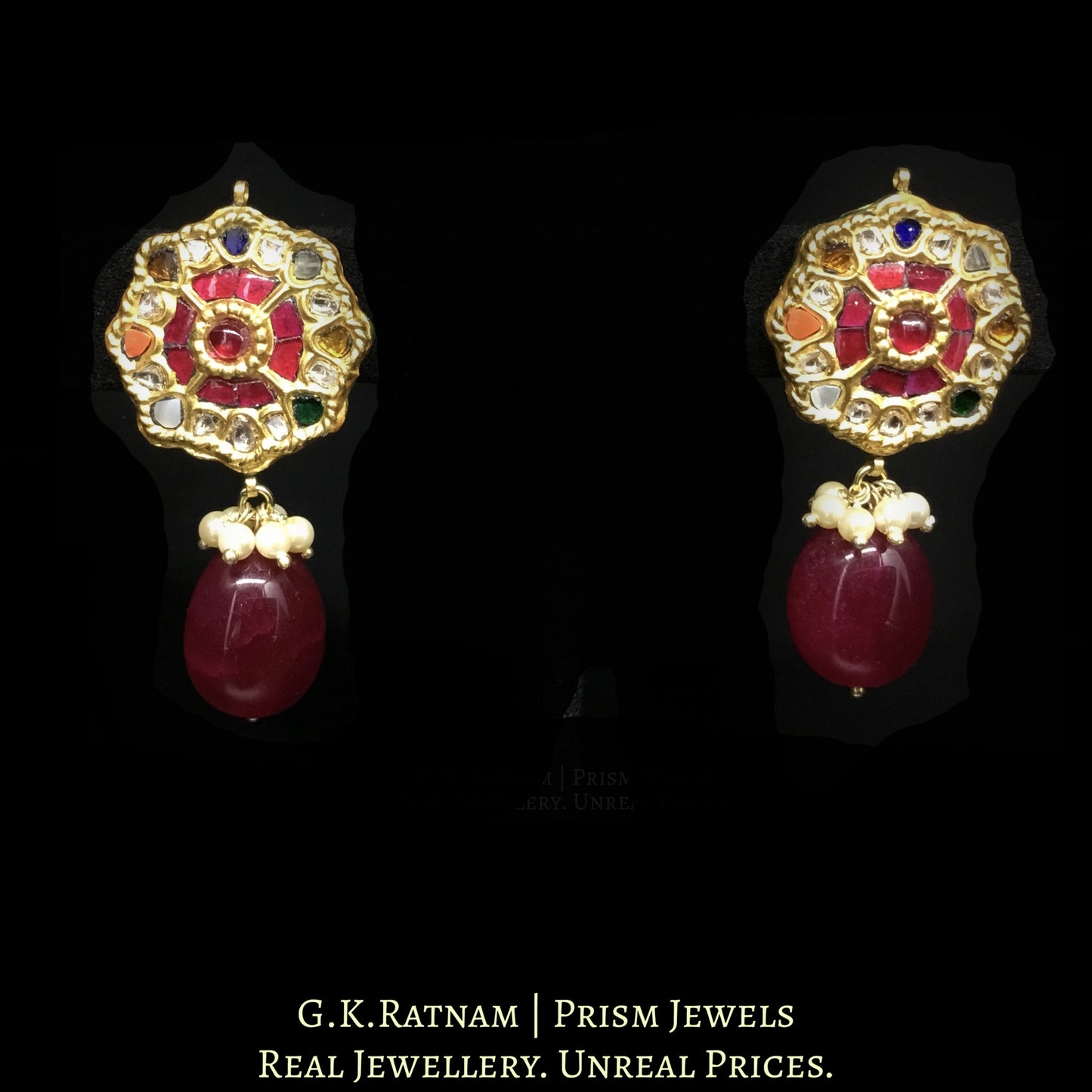23k Gold and Diamond Polki Navratna floral Pendant Set with Patrihaar / Ranihaar