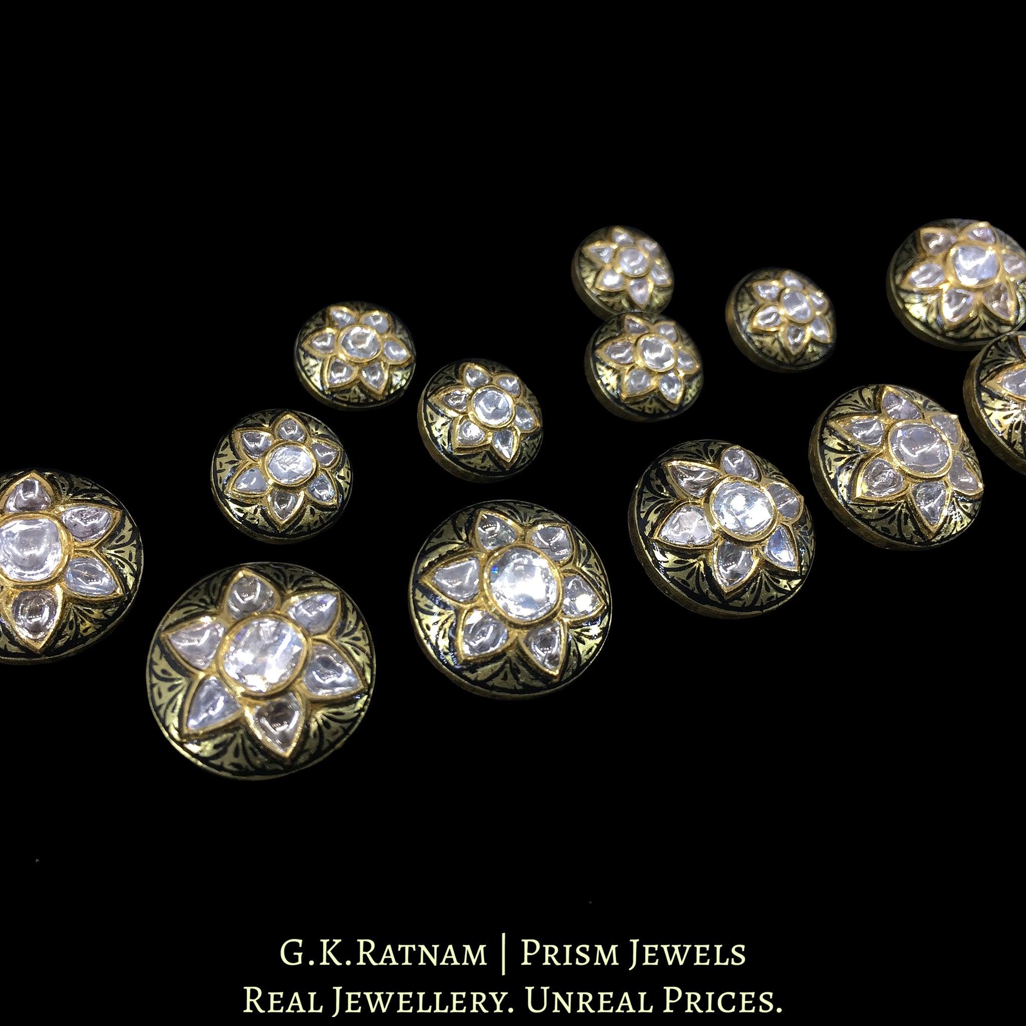 18k Gold And Diamond Polki Sherwani Buttons with Black Enamel