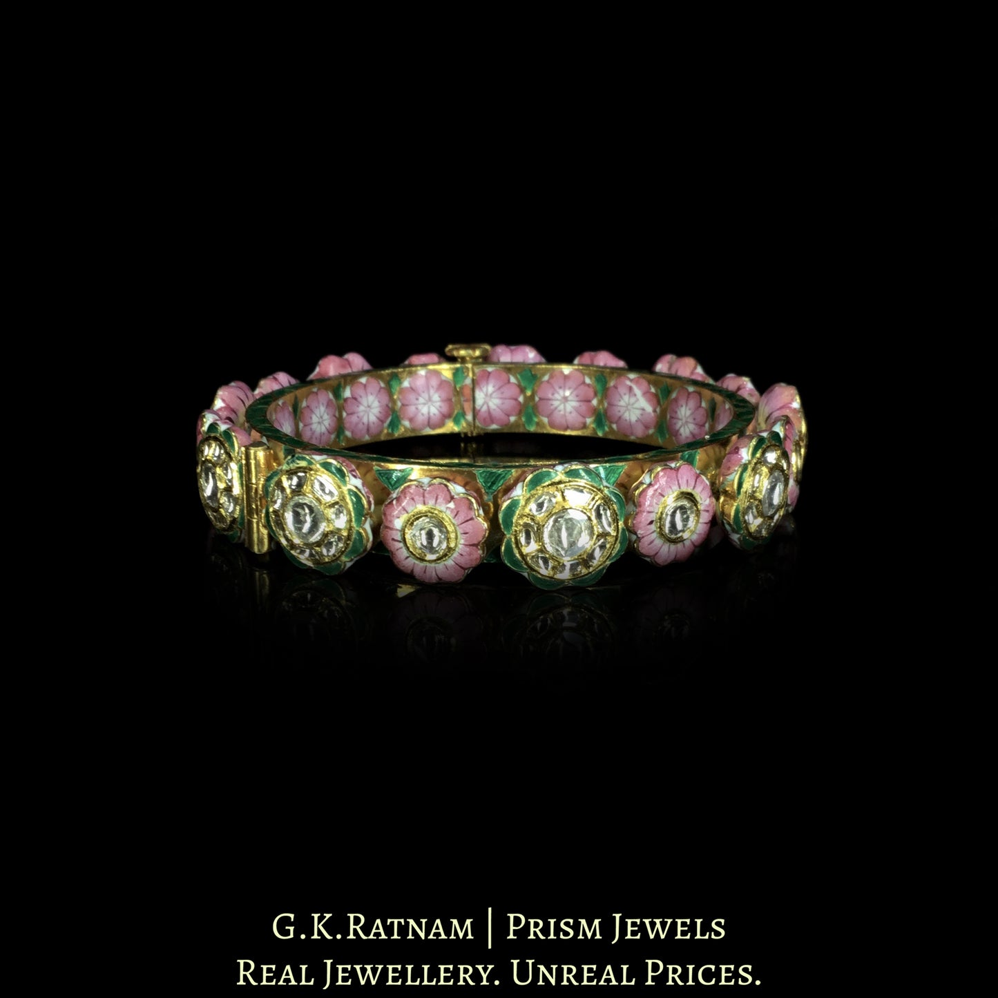 18k Gold and Diamond Polki Bangle (Pacheli) with Pink Meenakari