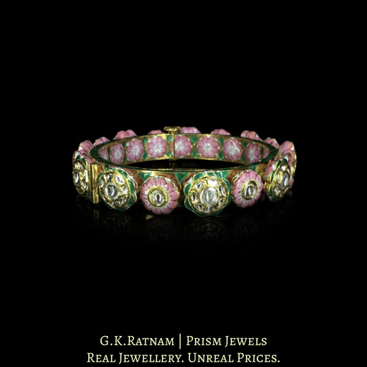 18k Gold and Diamond Polki Bangle (Pacheli) with Pink Meenakari