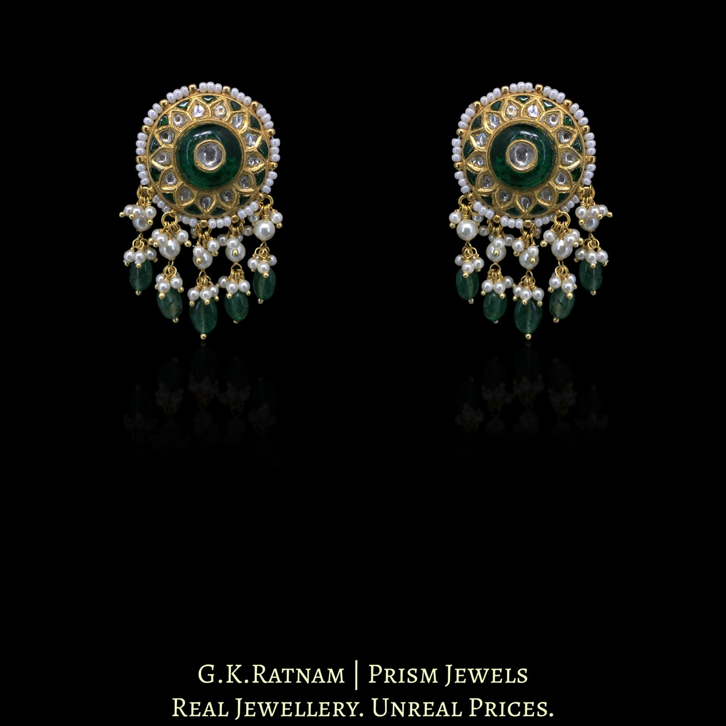 23k Gold and Diamond Polki Pendant Set strung with emerald-green Strawberry Quartz Maniya - G. K. Ratnam