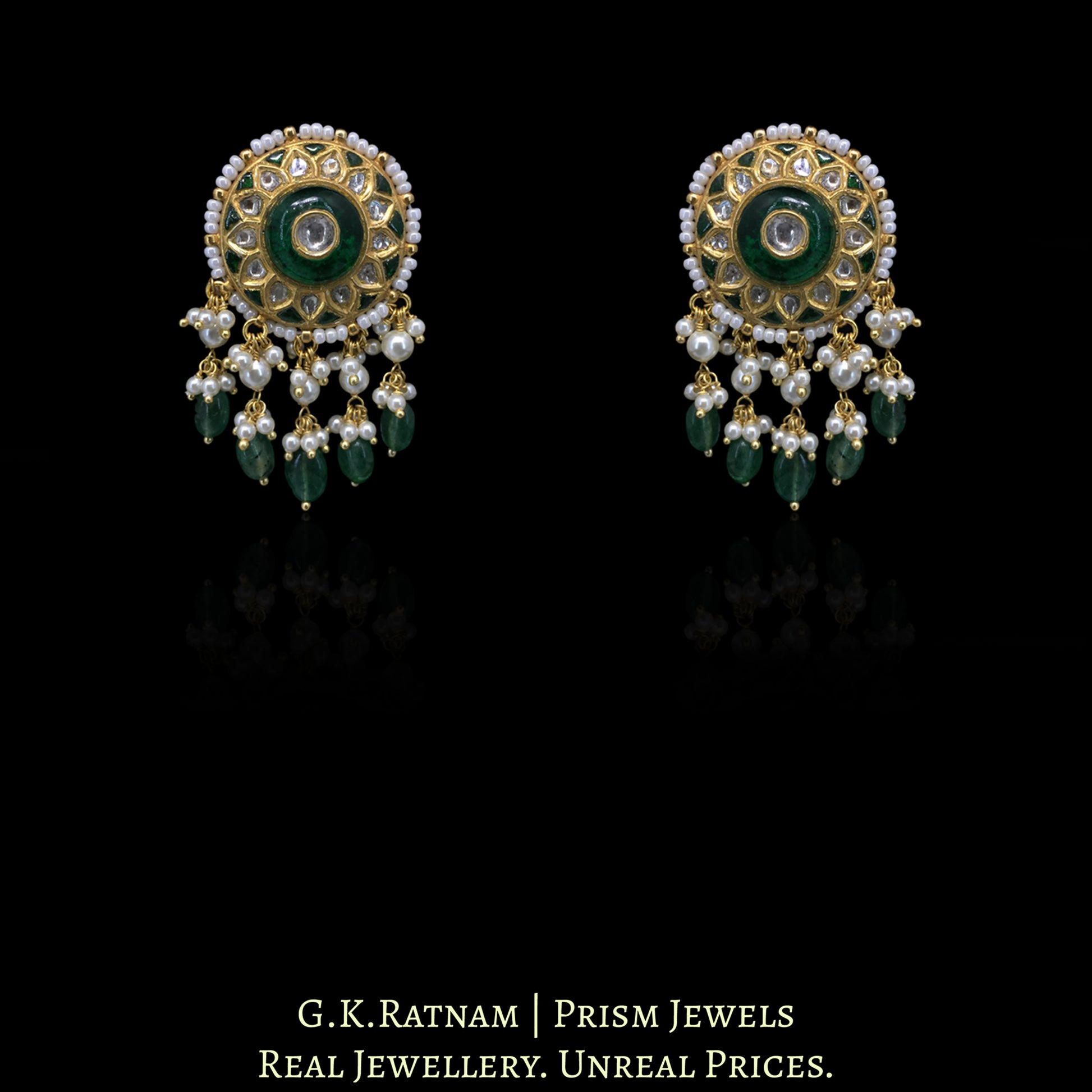 23k Gold and Diamond Polki Pendant Set strung with emerald-green Strawberry Quartz Maniya - G. K. Ratnam