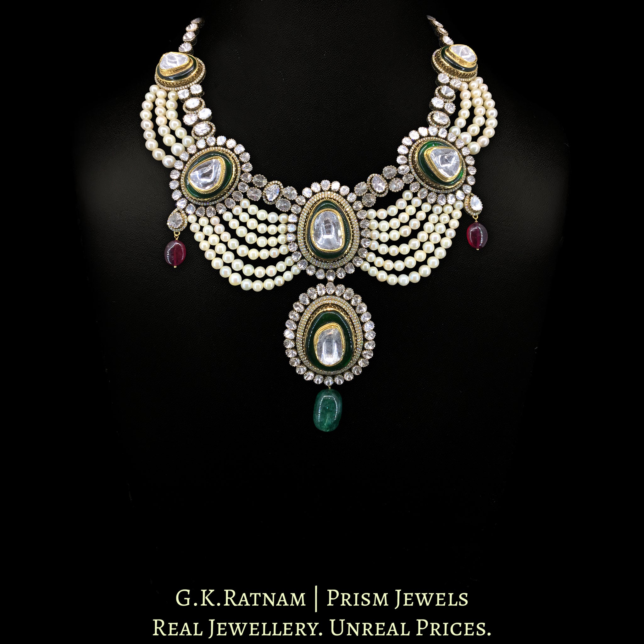 14k Gold and Diamond Polki Open Setting multi-purpose detachable Necklace in Victorian Finish
