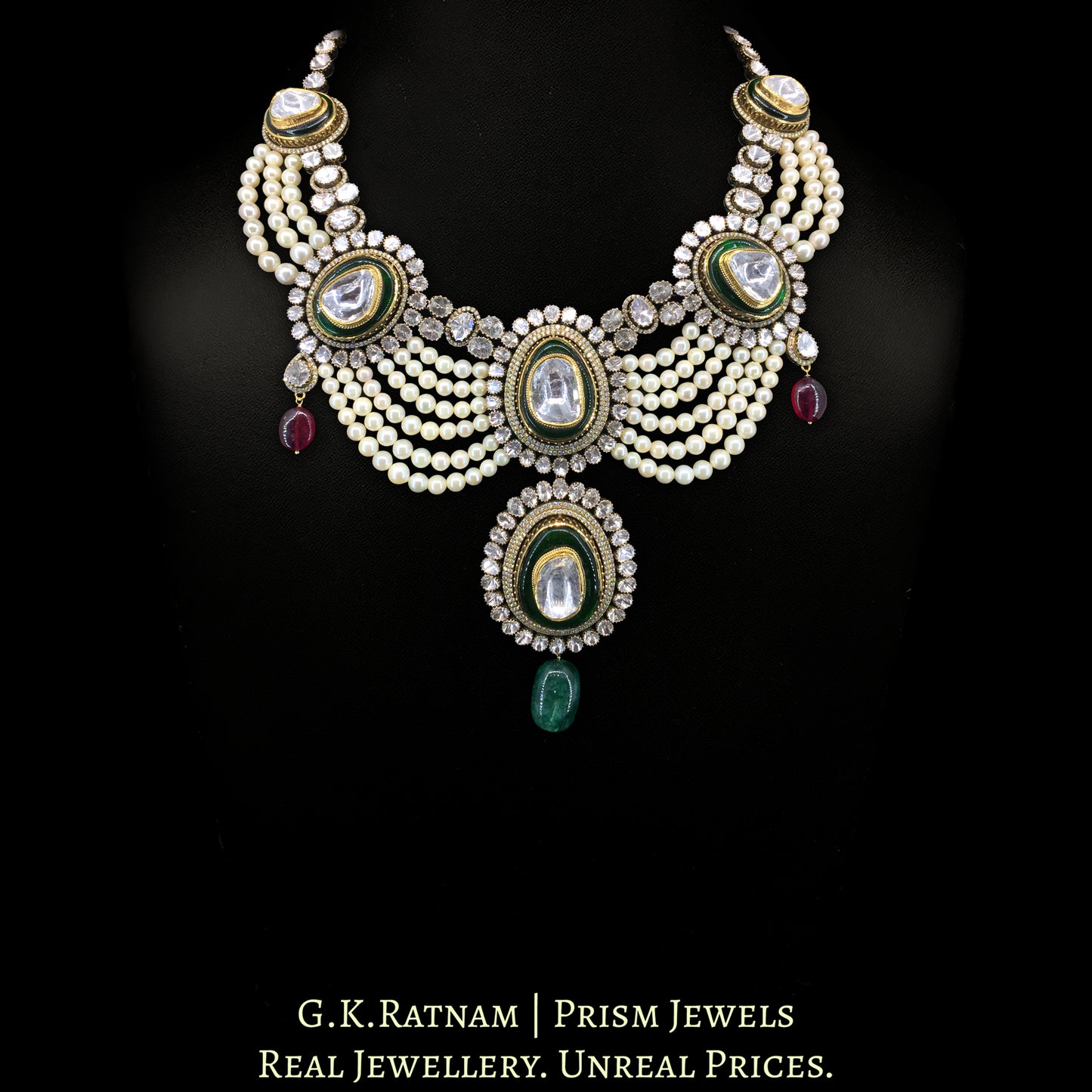 14k Gold and Diamond Polki Open Setting multi-purpose detachable Necklace in Victorian Finish