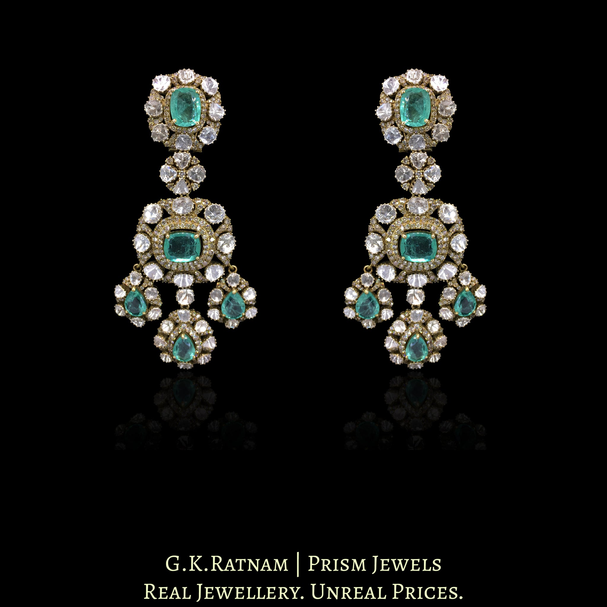 14k Gold and Diamond Polki Open Setting victorian-finish Long Earring Pair with Lab Grown Russian Emeralds