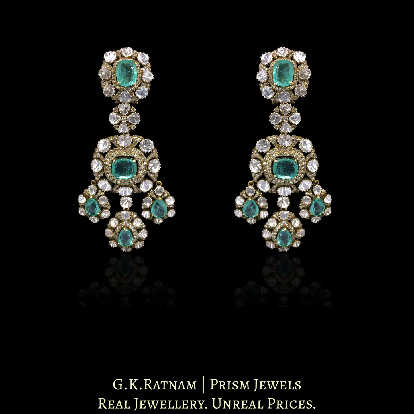 14k Gold and Diamond Polki Open Setting victorian-finish Long Earring Pair with Lab Grown Russian Emeralds - G. K. Ratnam