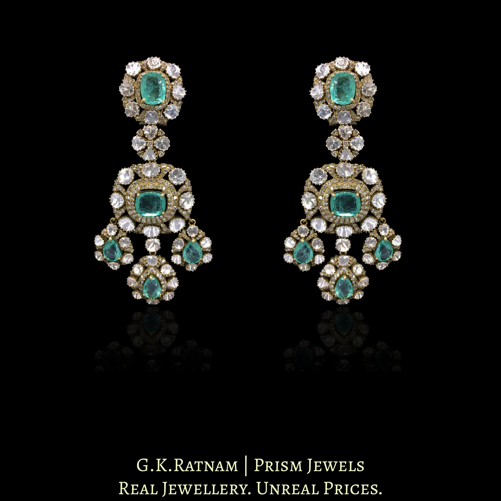 14k Gold and Diamond Polki Open Setting victorian-finish Long Earring Pair with Lab Grown Russian Emeralds - G. K. Ratnam