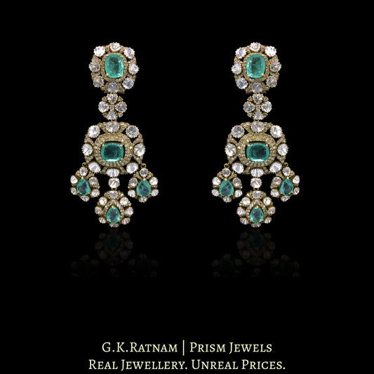 14k Gold and Diamond Polki Open Setting victorian-finish Long Earring Pair with Lab Grown Russian Emeralds - G. K. Ratnam