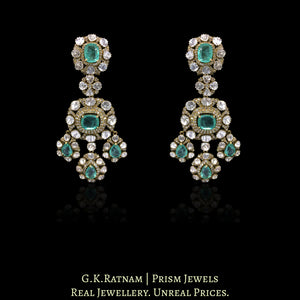 14k Gold and Diamond Polki Open Setting victorian-finish Long Earring Pair with Lab Grown Russian Emeralds