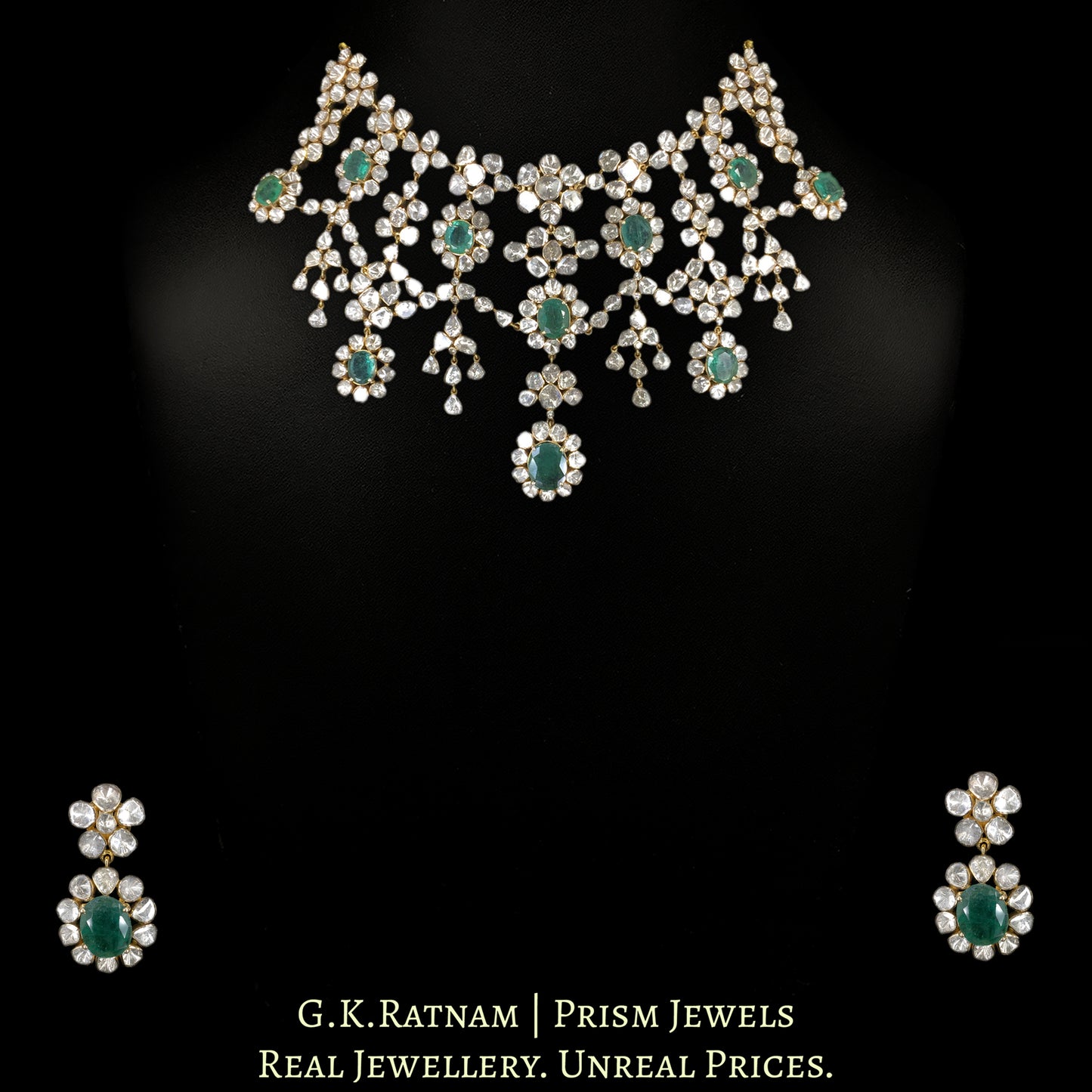 18k Gold and Diamond Polki Open Setting Necklace Set with Natural Emeralds - G. K. Ratnam