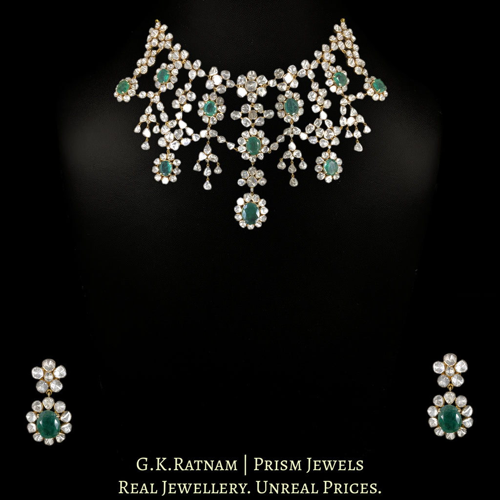 14k Gold and Diamond Polki Open Setting Necklace Set with Natural Emeralds