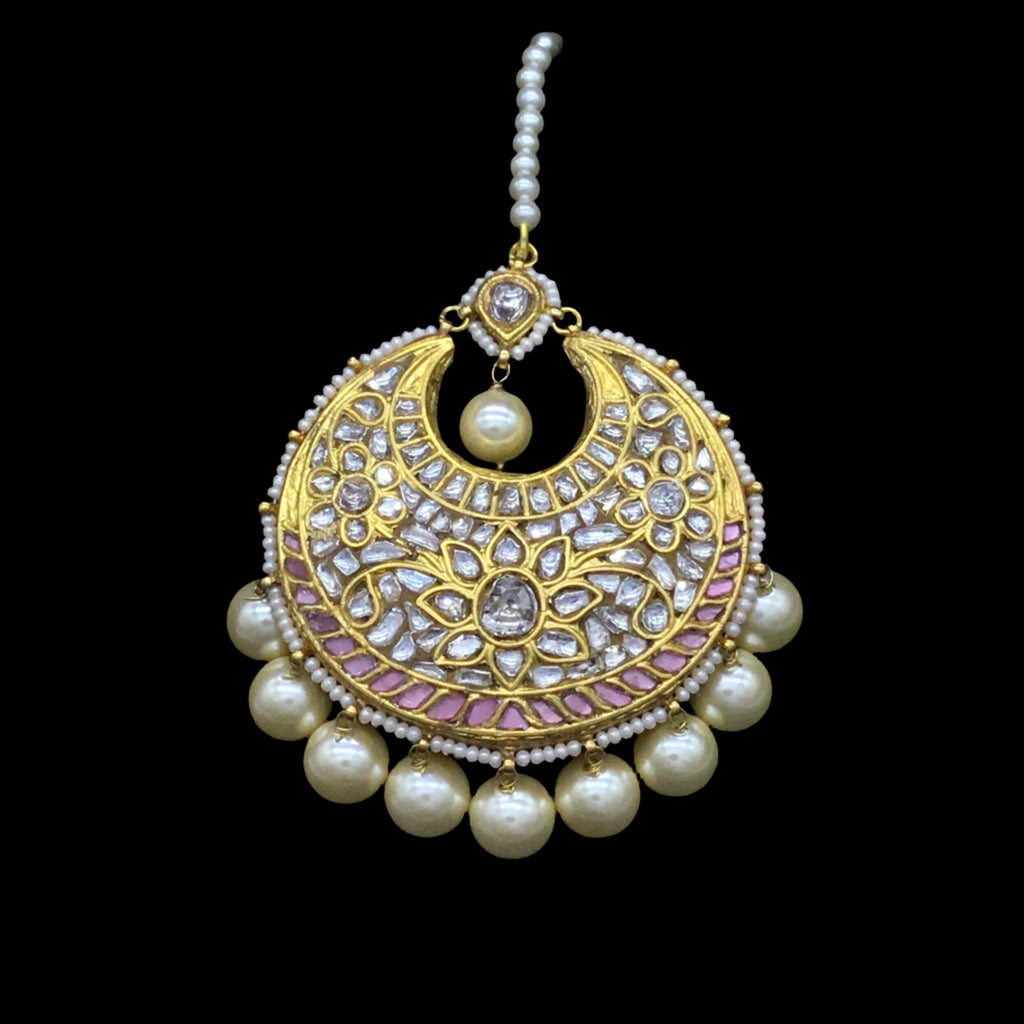 23k Gold and Diamond Polki Maang Tika embedded with baby pink stones