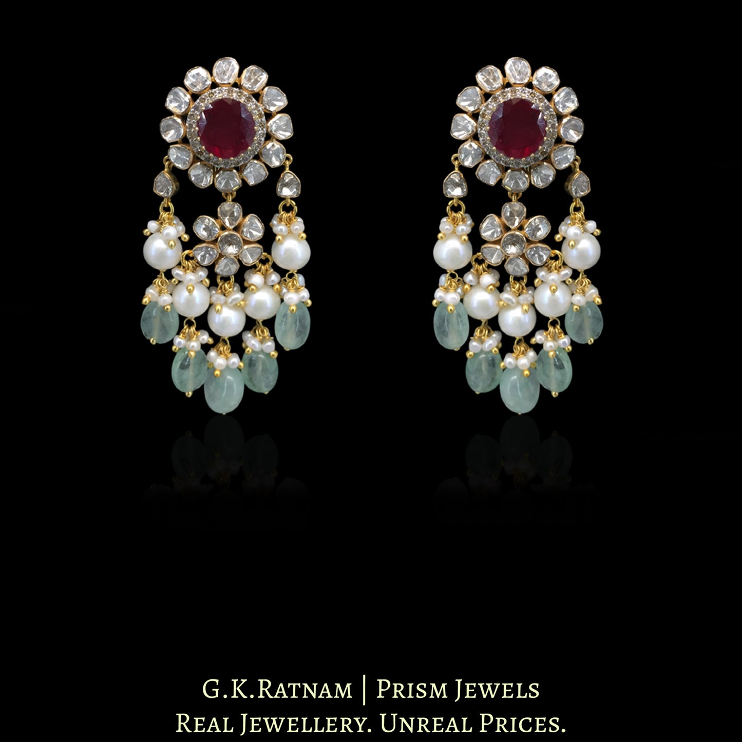 18k Gold and Diamond Polki Open Setting Necklace Set with Rubies