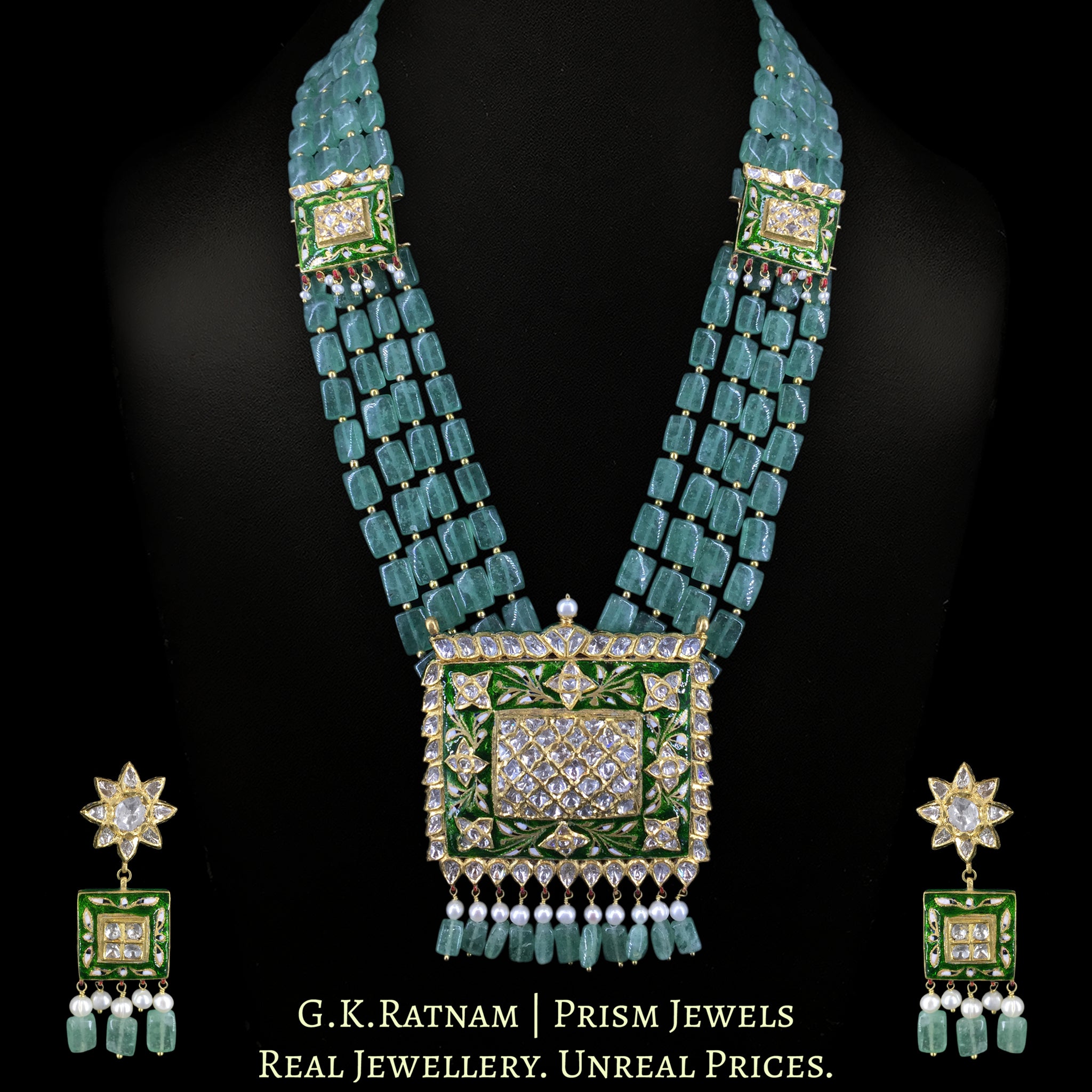 18k Gold and Diamond Polki Pendant Set with Green Meenakari