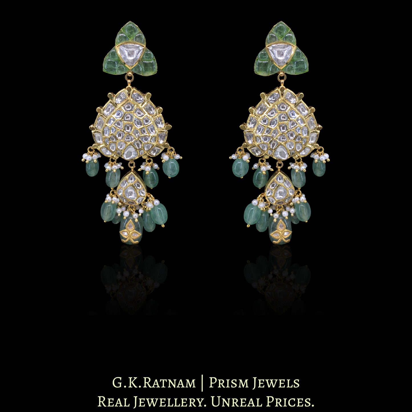 22k Gold and Diamond Polki Long Necklace Set with emerald-green Strawberry Quartz and Hyderabadi Pearls