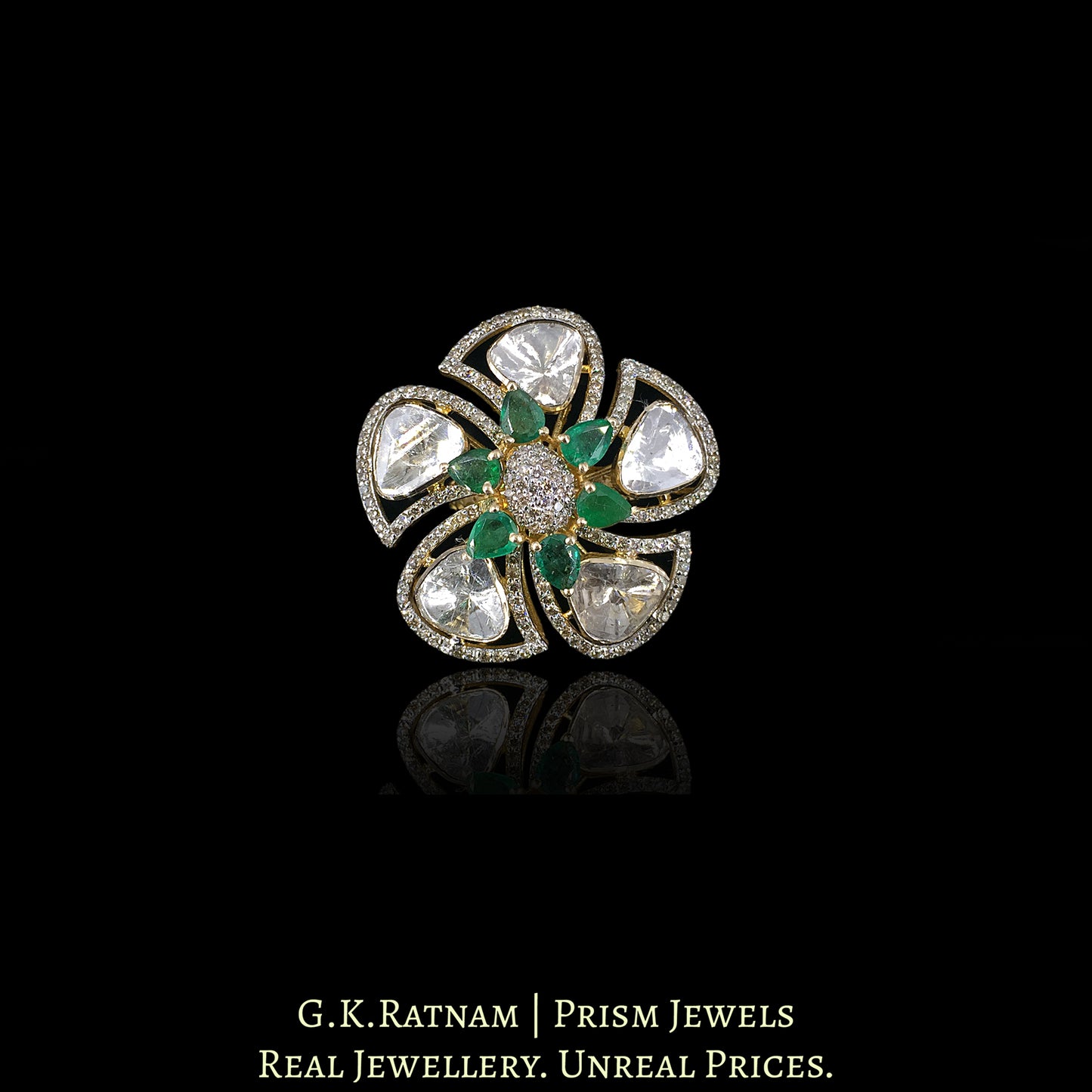 14k Gold and Diamond Polki Open Setting floral Ring with Natural Emeralds - G. K. Ratnam