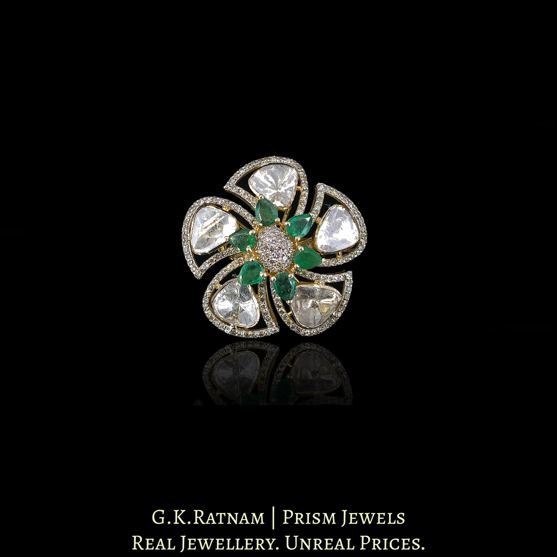 14k Gold and Diamond Polki Open Setting floral Ring with Natural Emeralds - G. K. Ratnam