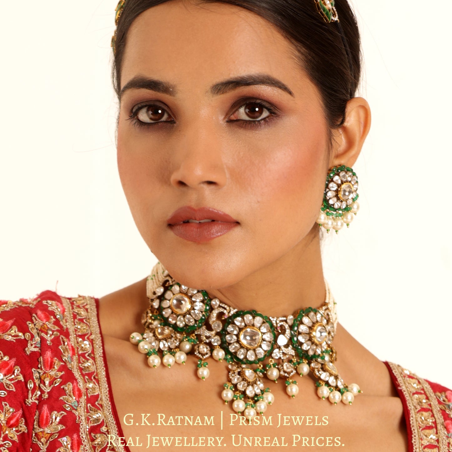 14k Gold and Diamond Polki Open Setting victorian-finish Choker Necklace Set