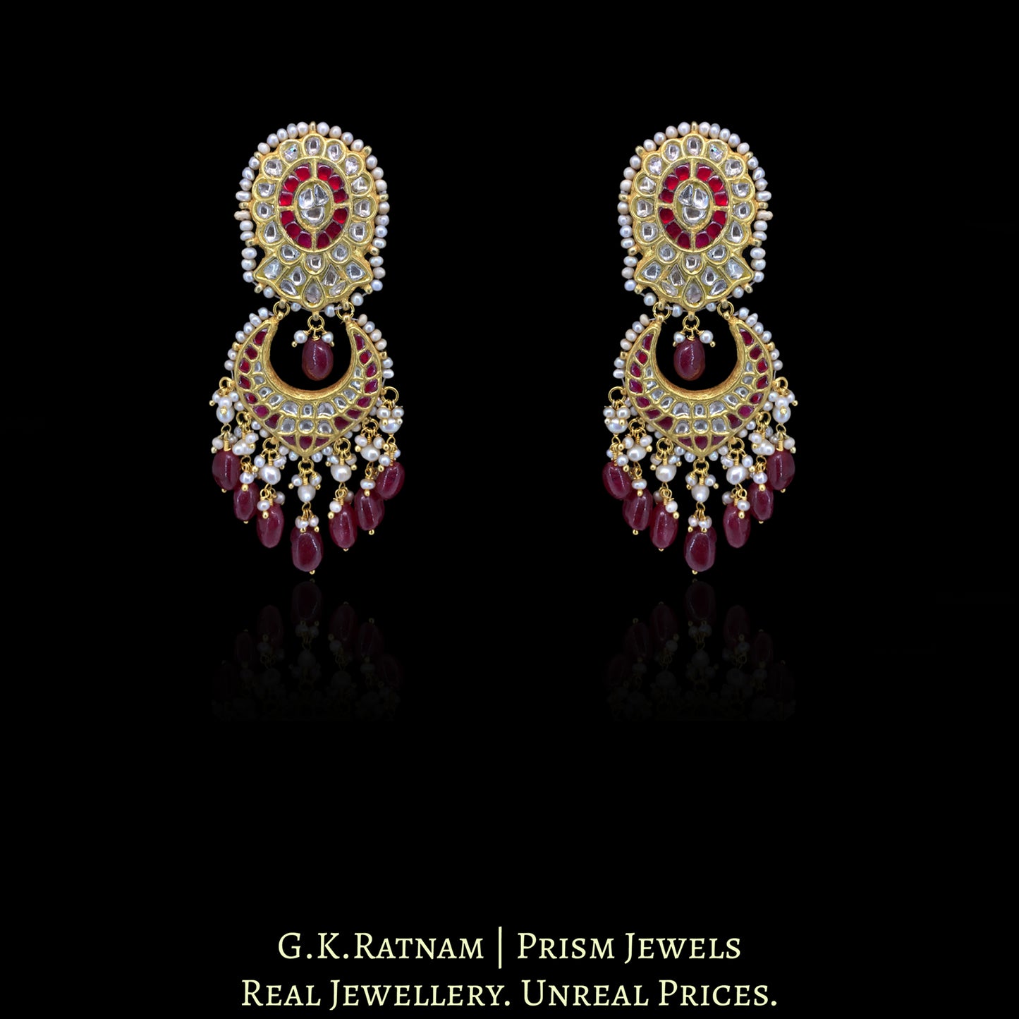 23k Gold and Diamond Polki Choker Necklace Set enhanced with Rubies and Antiqued Freshwater Pearls