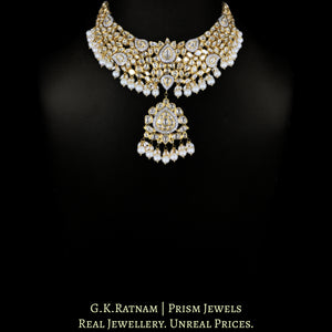 18k Gold And Diamond Polki Fusion Necklace Set enhanced with Natural Freshwater Pearls