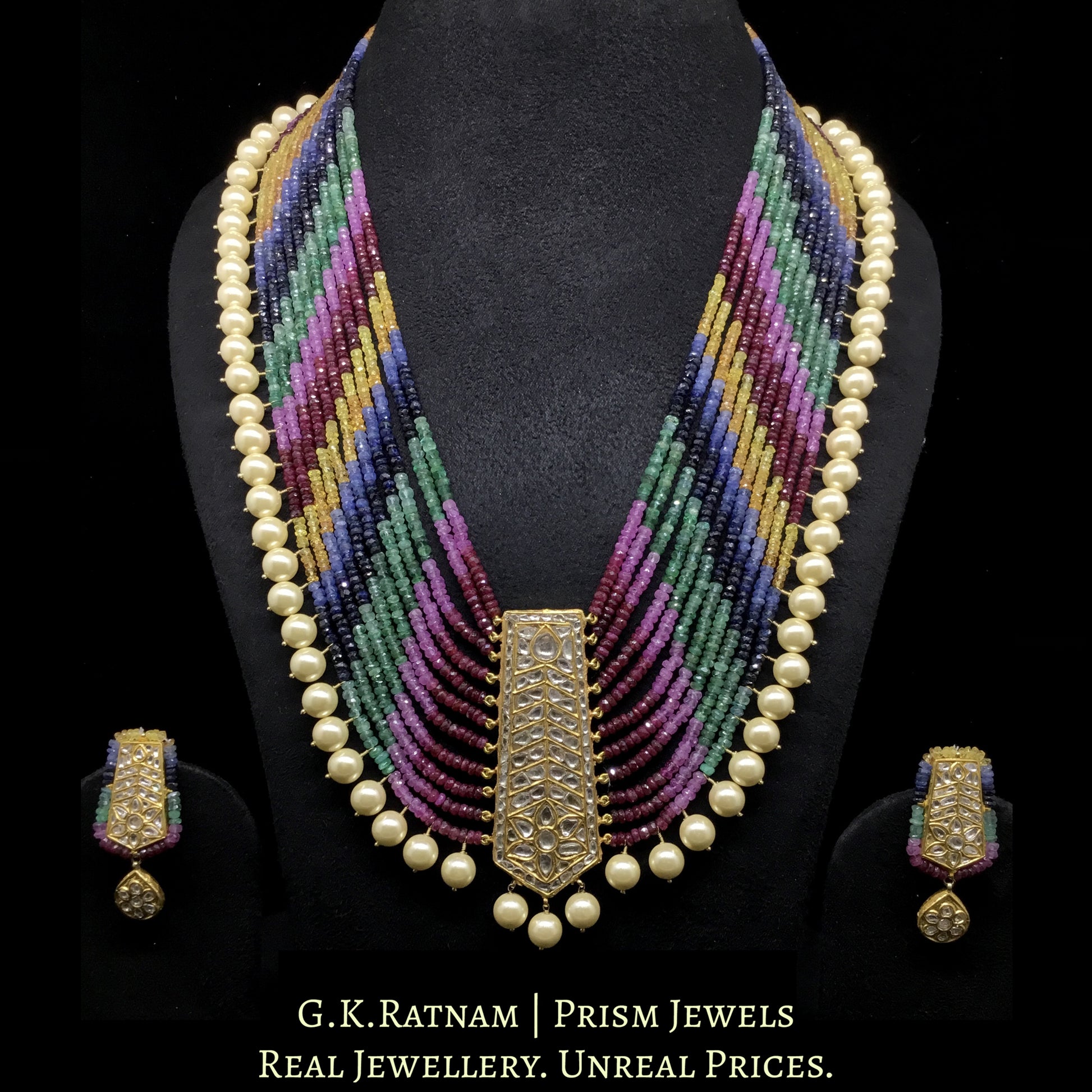 23k Gold and Diamond Polki tie-shaped Pendant Set strung with natural multi-color rainbow beads - G. K. Ratnam
