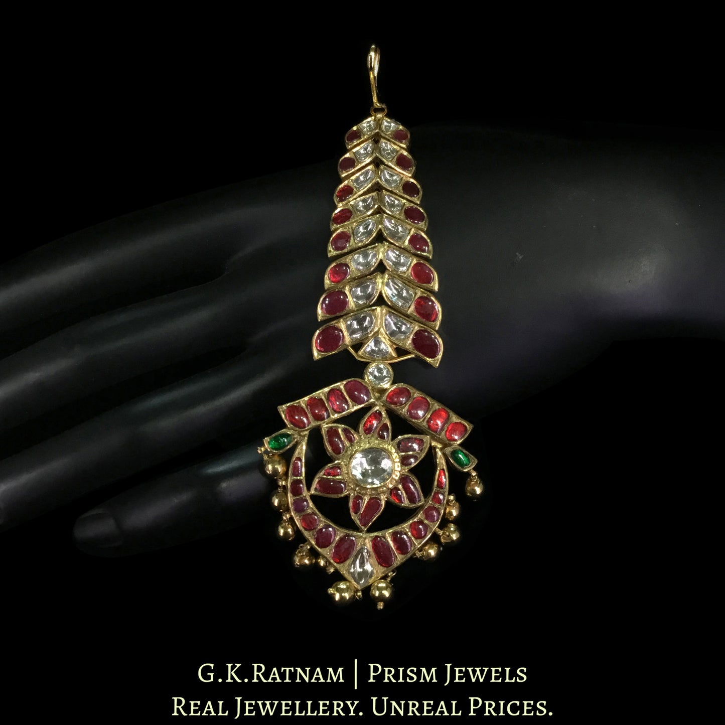 18k Gold and Diamond Polki south-style Maang Tika enhanced with Kolhapuri Gold Balls - G. K. Ratnam