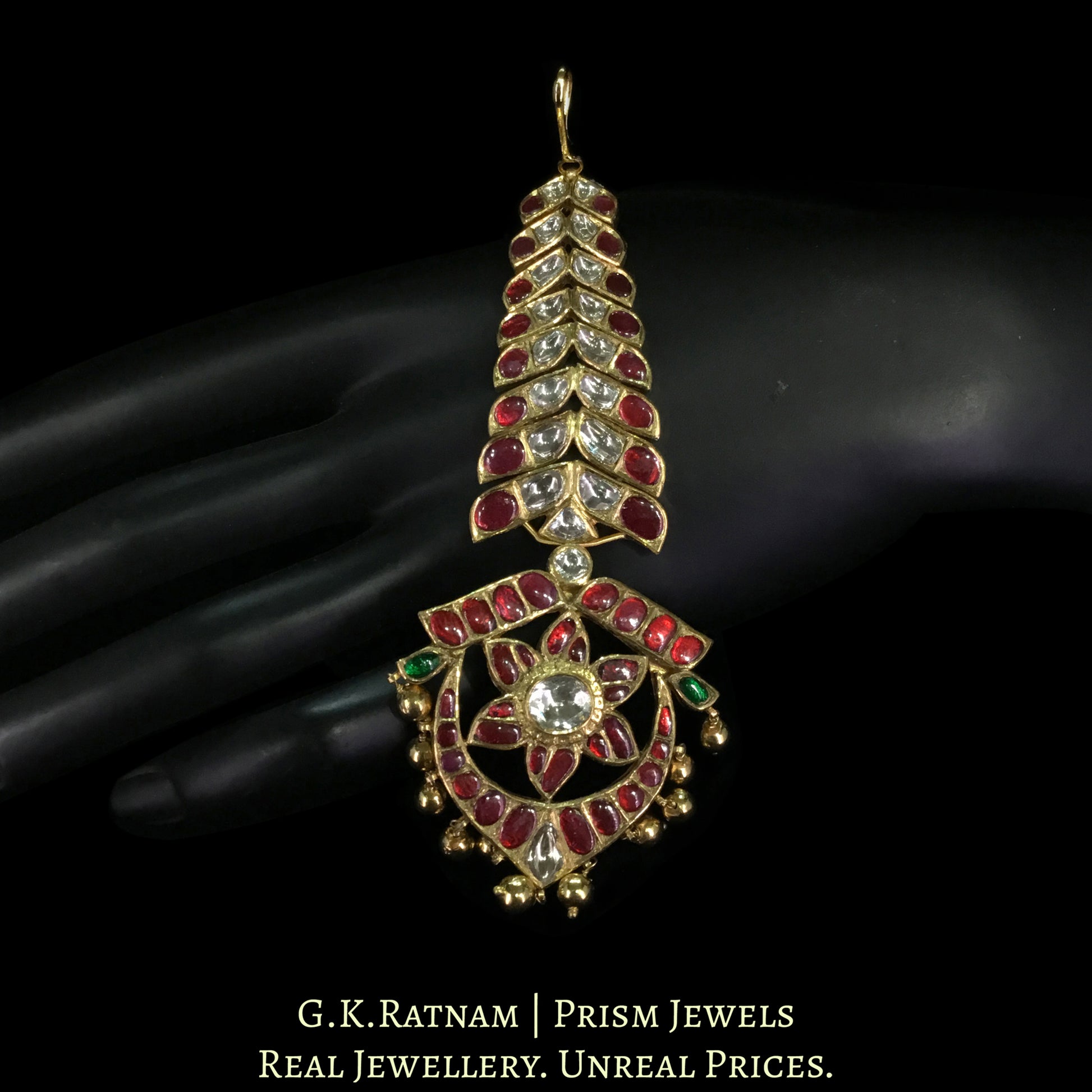 18k Gold and Diamond Polki south-style Maang Tika enhanced with Kolhapuri Gold Balls - G. K. Ratnam