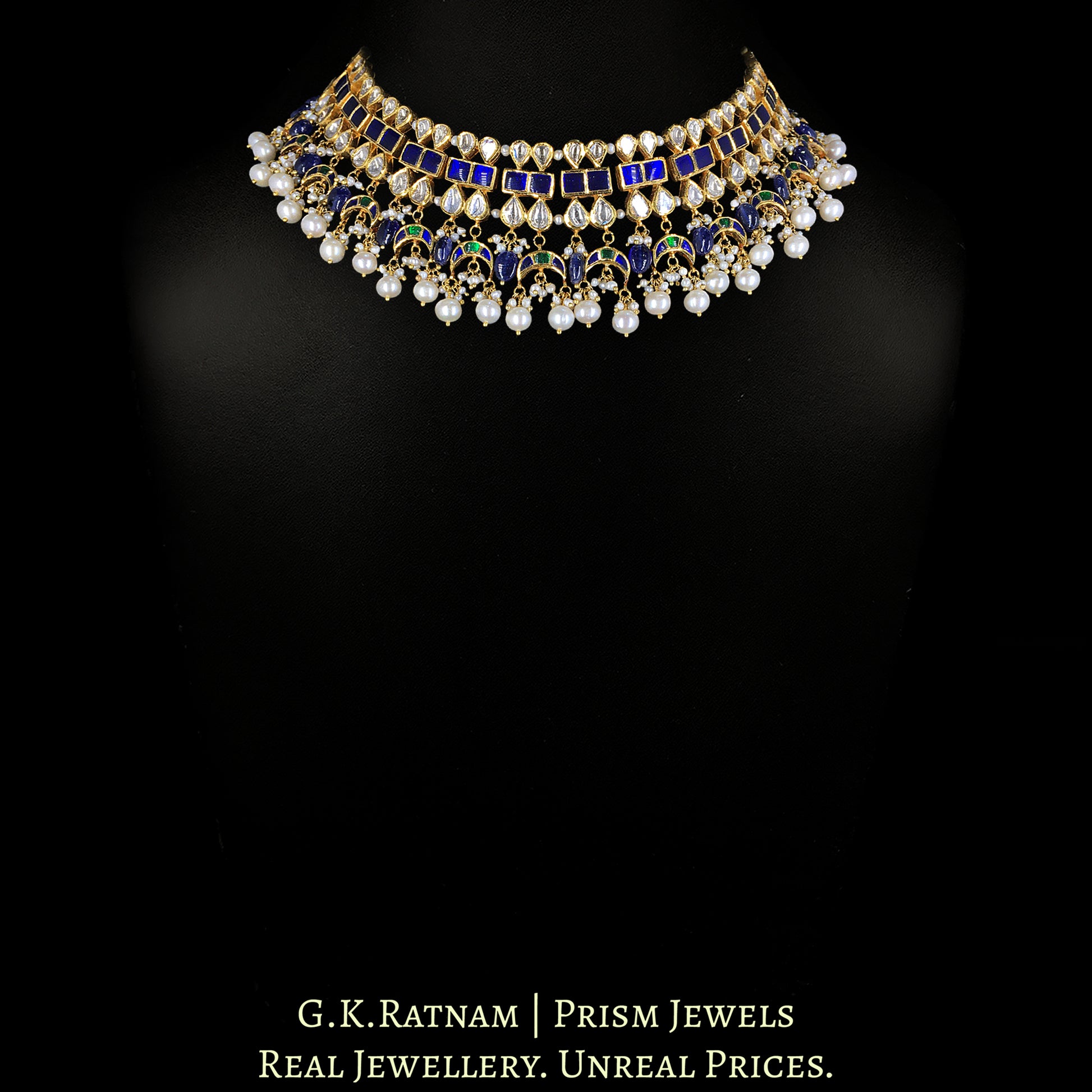 14k Gold and Diamond Polki Necklace with Blue Sapphires and Natural Freshwater Pearls - G. K. Ratnam