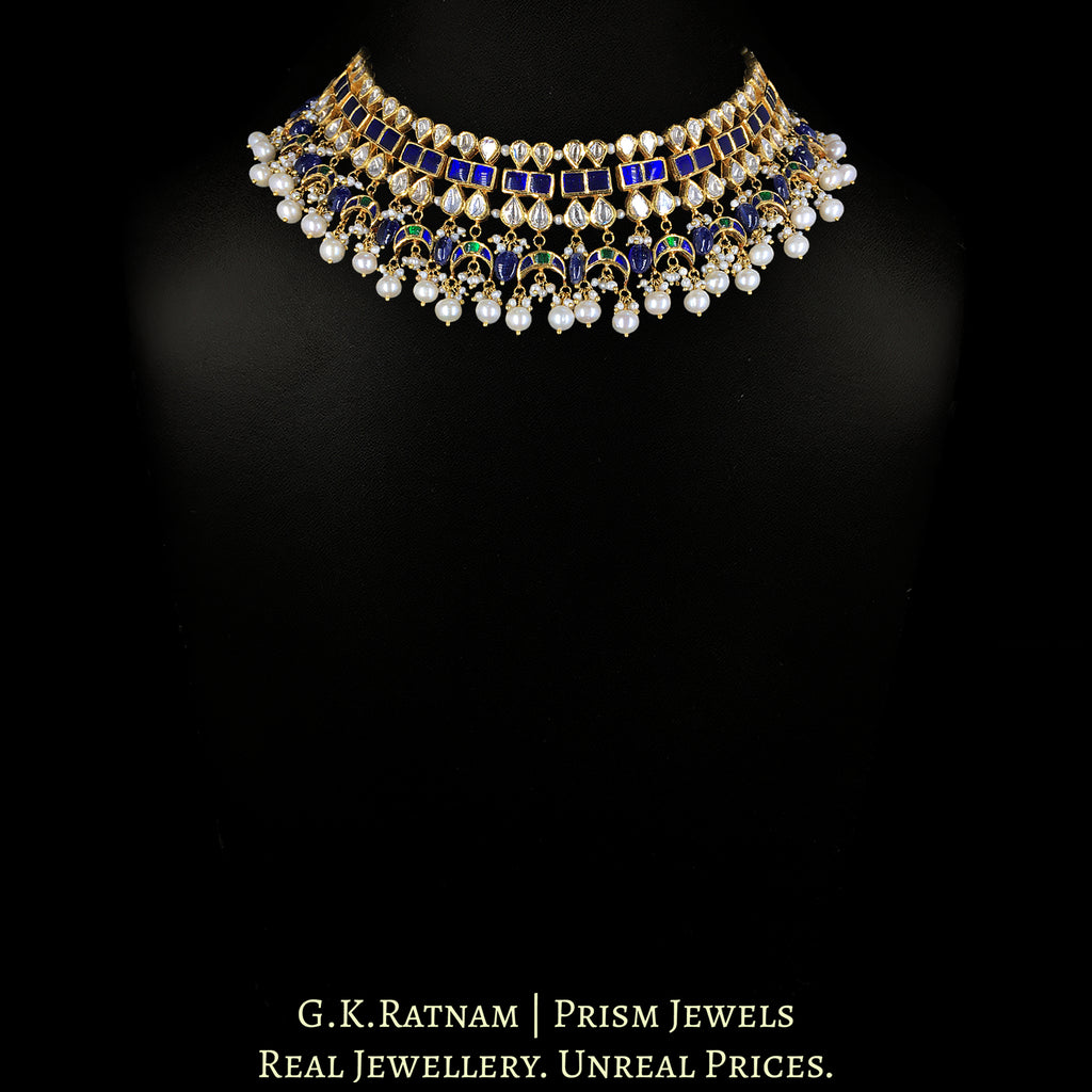 14k Gold and Diamond Polki Necklace with Blue Sapphires and Natural Freshwater Pearls